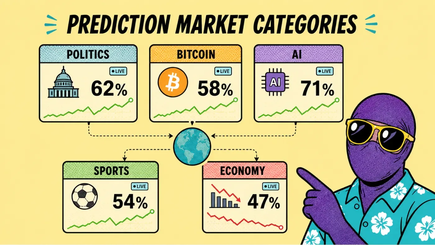 Prediction market ecosystem showing politics crypto AI sports and economy forecasting categories