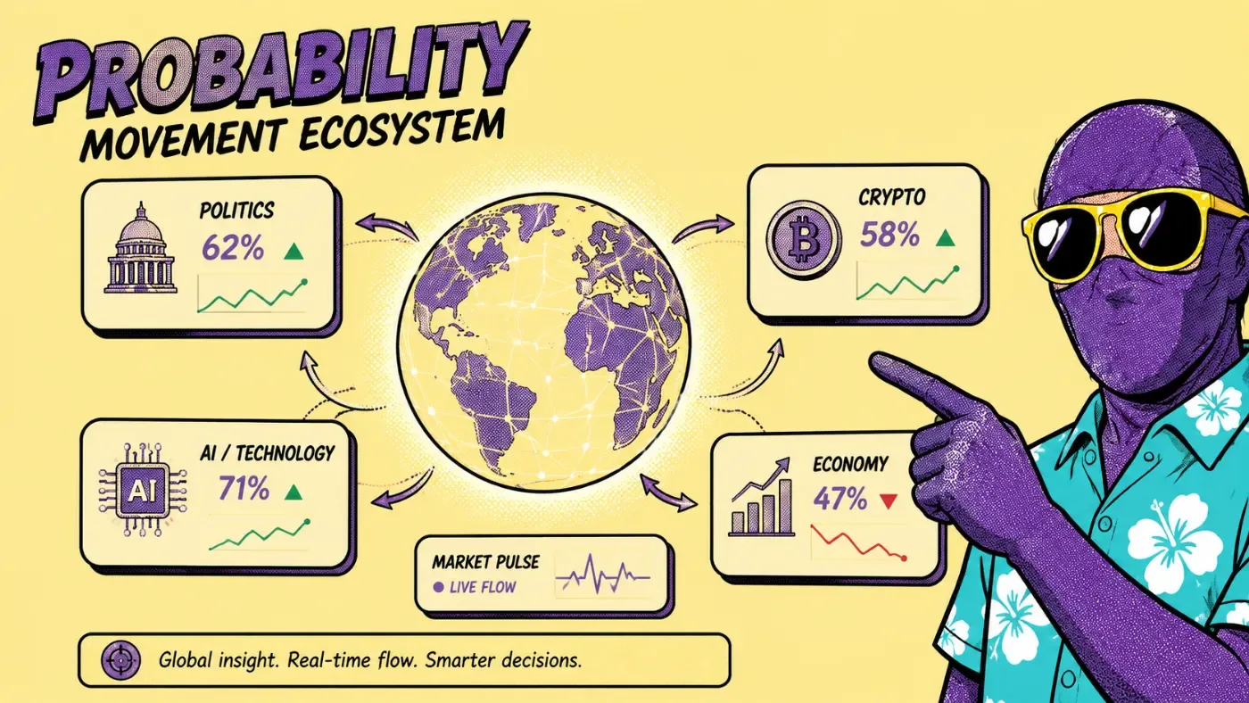 Global prediction market ecosystem showing interconnected probability movement across multiple forecasting categories