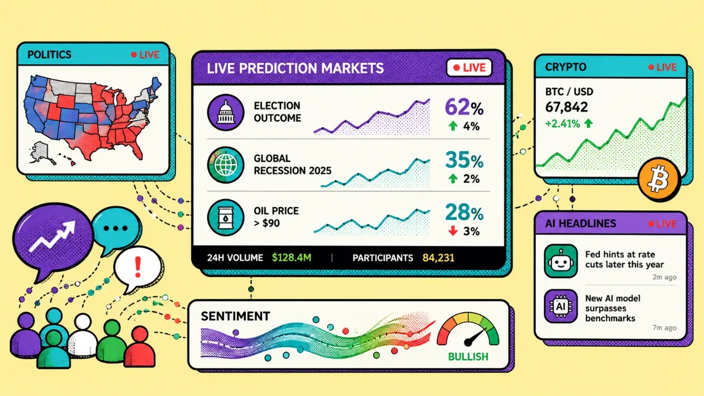 Prediction market ecosystem showing live crowd sentiment and probability movement across global events