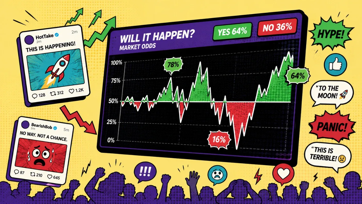 Prediction market volatility showing emotional crowd reactions and rapid probability swings